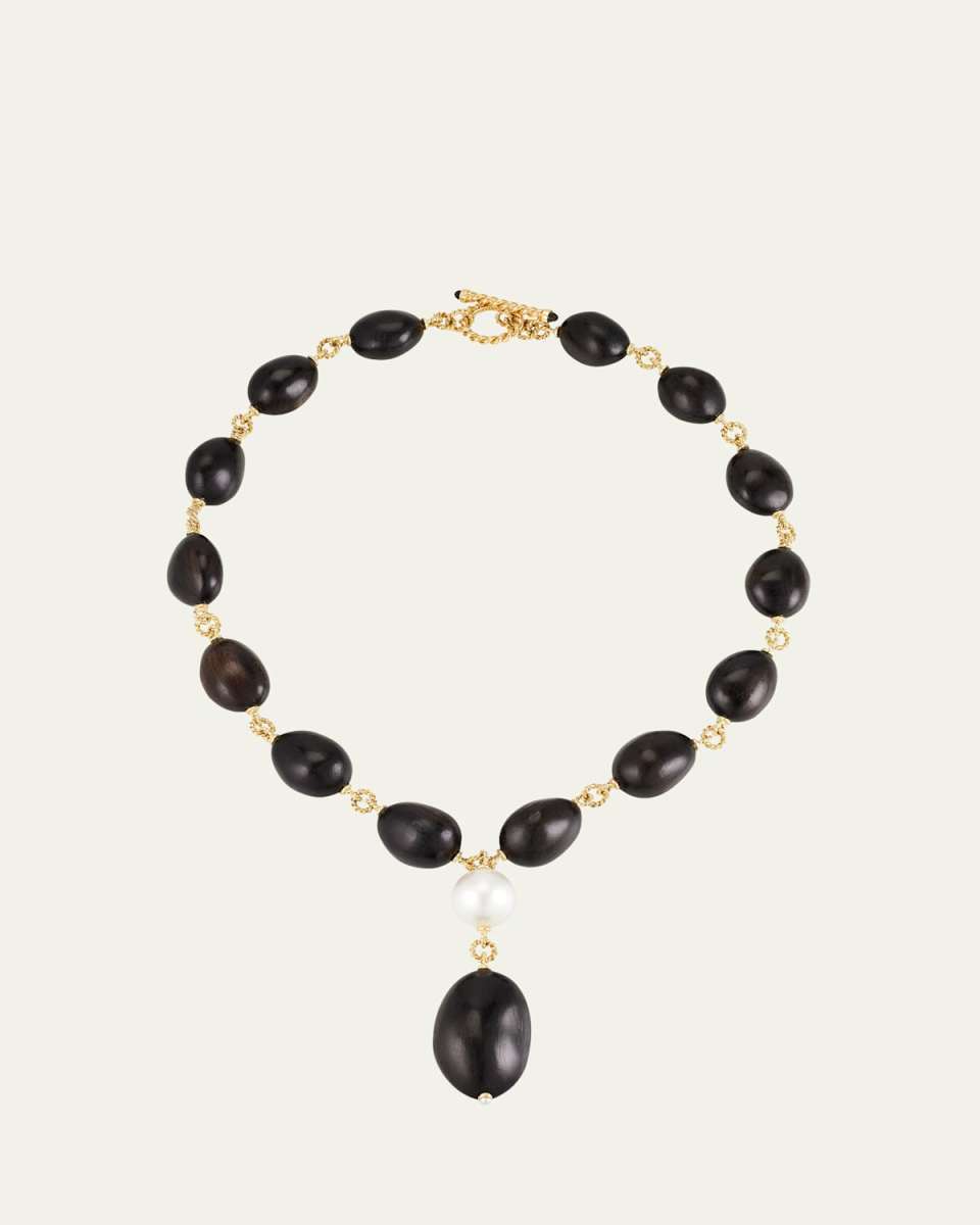 18K Yellow Gold Y Necklace with Ebony Wood and South Sea Pearl